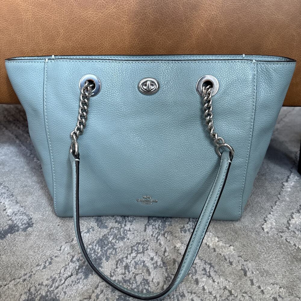 Coach 57107 Turnlock Silver Chain Pebble Leather Tote Shoulder Bag D